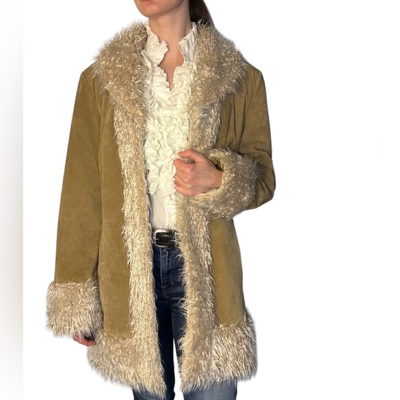 Vintage suede leather long faux fur sherpa trim beige long sleeve coat jacket - Picture 2 of 8